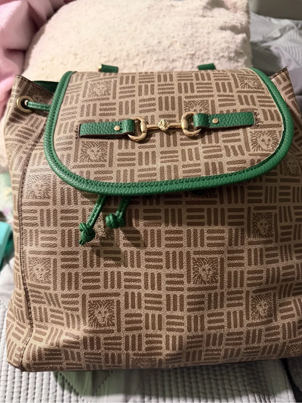 Green-Trim Brown Patterned Women's Backpack